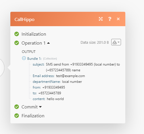 Call activity webhook output showing call type, status and numbers