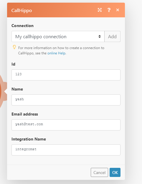 Create User module with Id, name, email and integration name fields