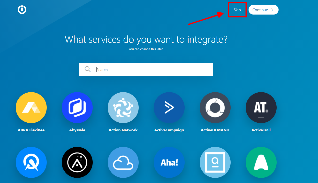 Integromat services selection screen with Skip button highlighted