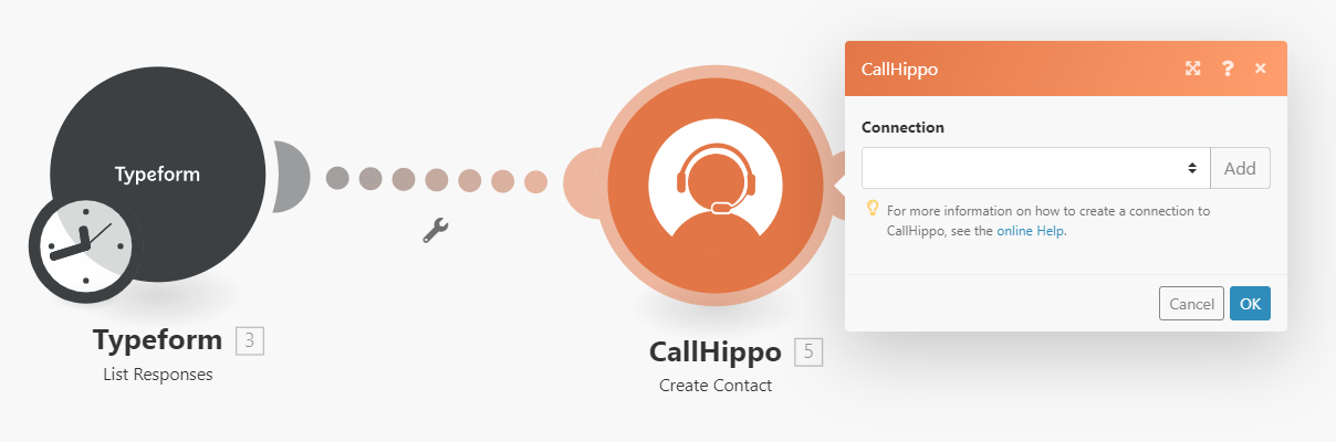 CallHippo module list showing Create, Update, Delete and Get Contact actions