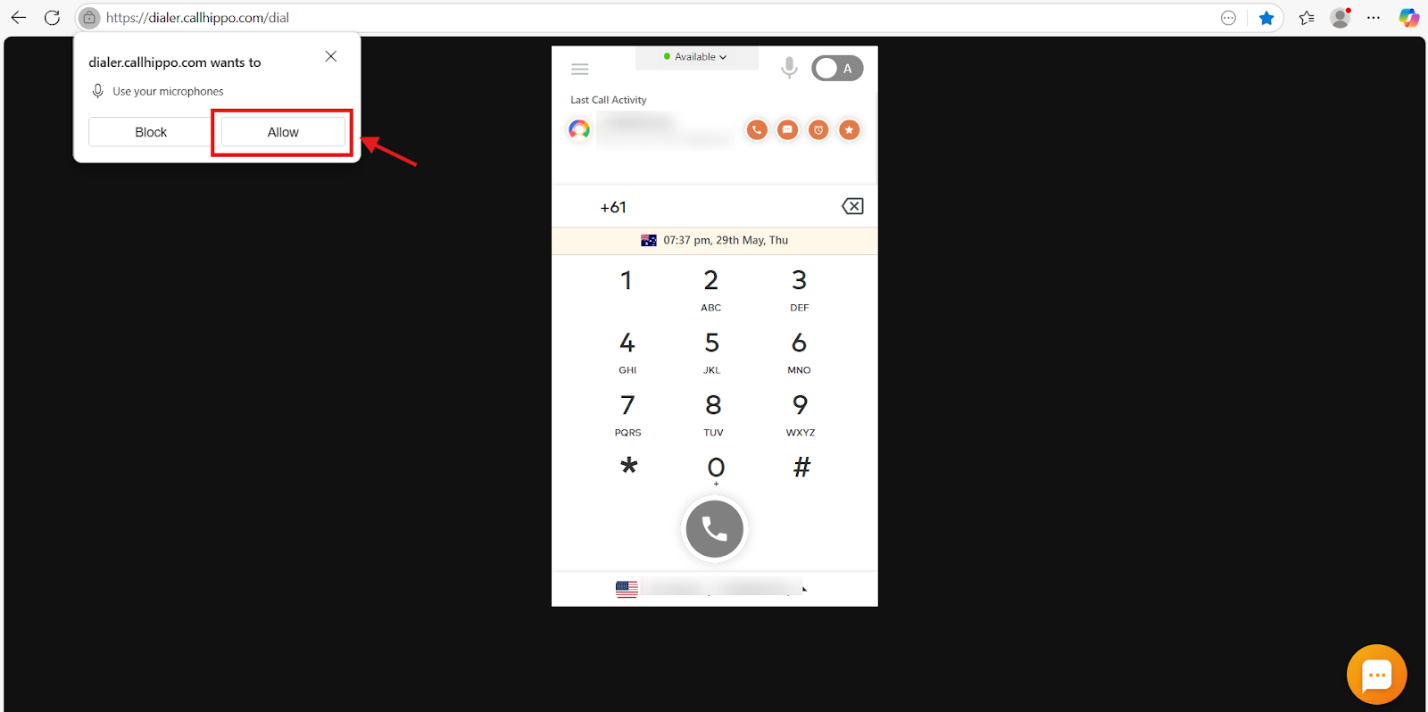 Clicking Allow when the CallHippo dialer requests microphone access