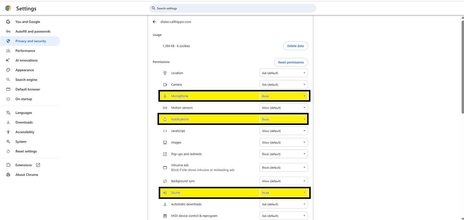 Chrome site settings showing Microphone, Notifications, and Sound permissions to set to Allow