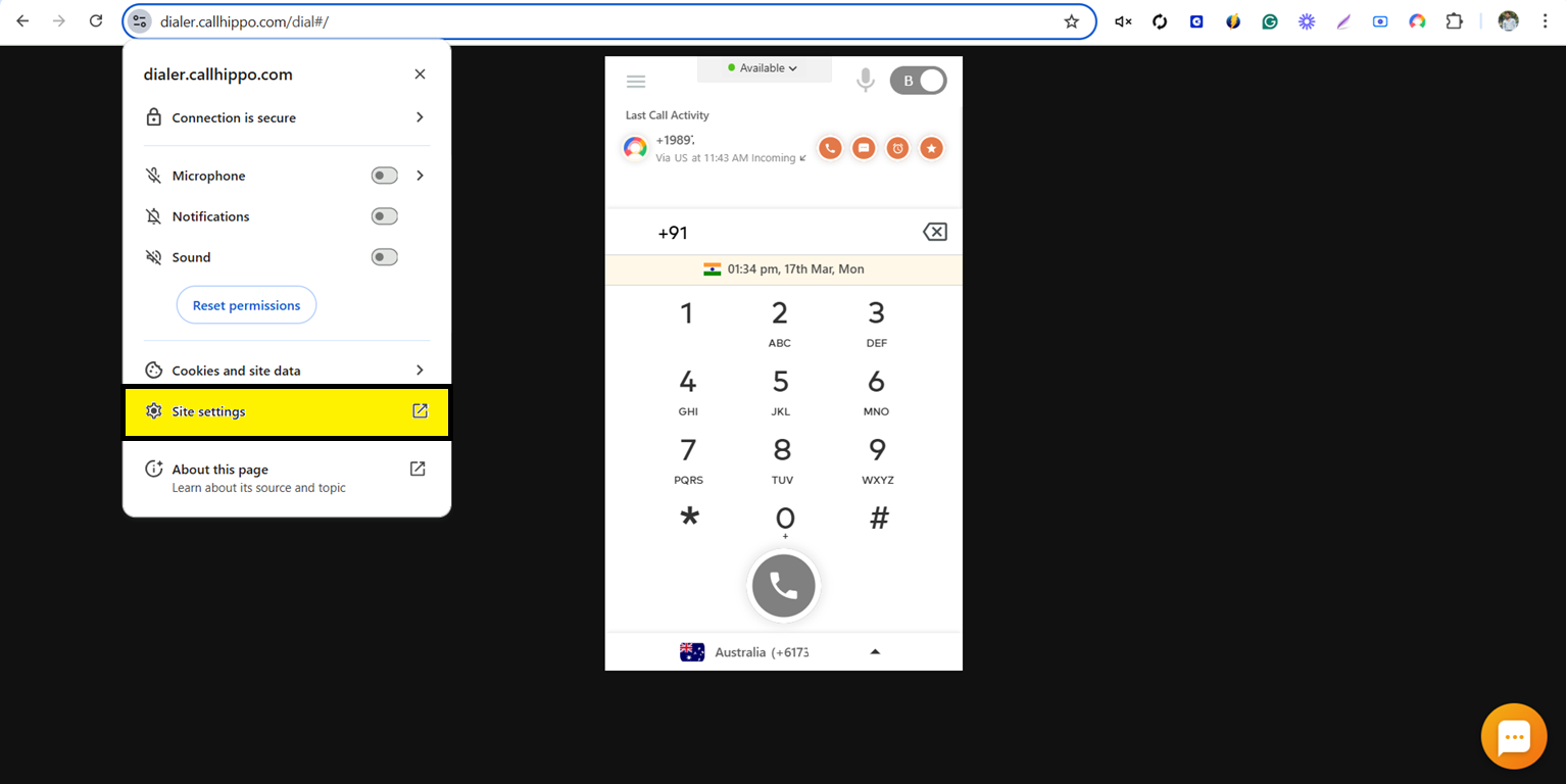 Chrome site menu with the Site settings option highlighted