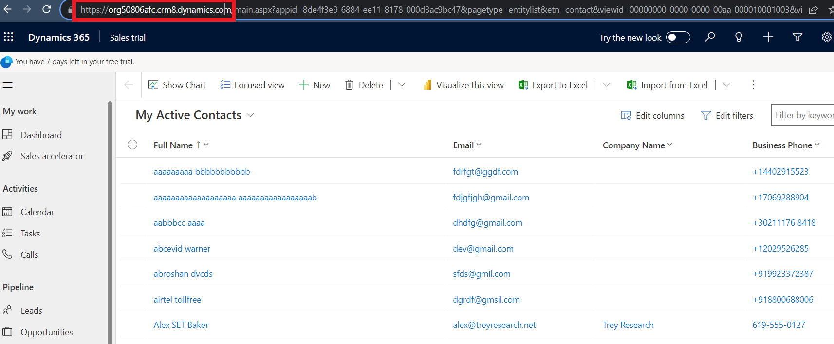 Microsoft Dynamics domain URL highlighted in browser address bar