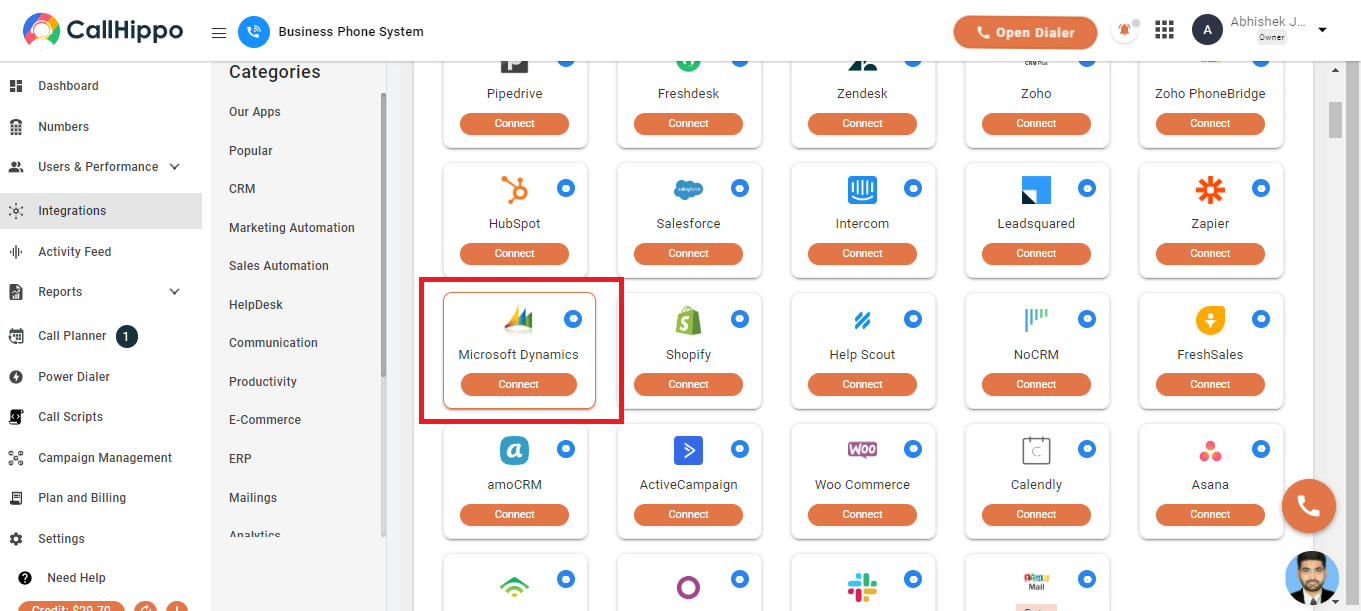 CallHippo Integrations page with Microsoft Dynamics tile and Connect button