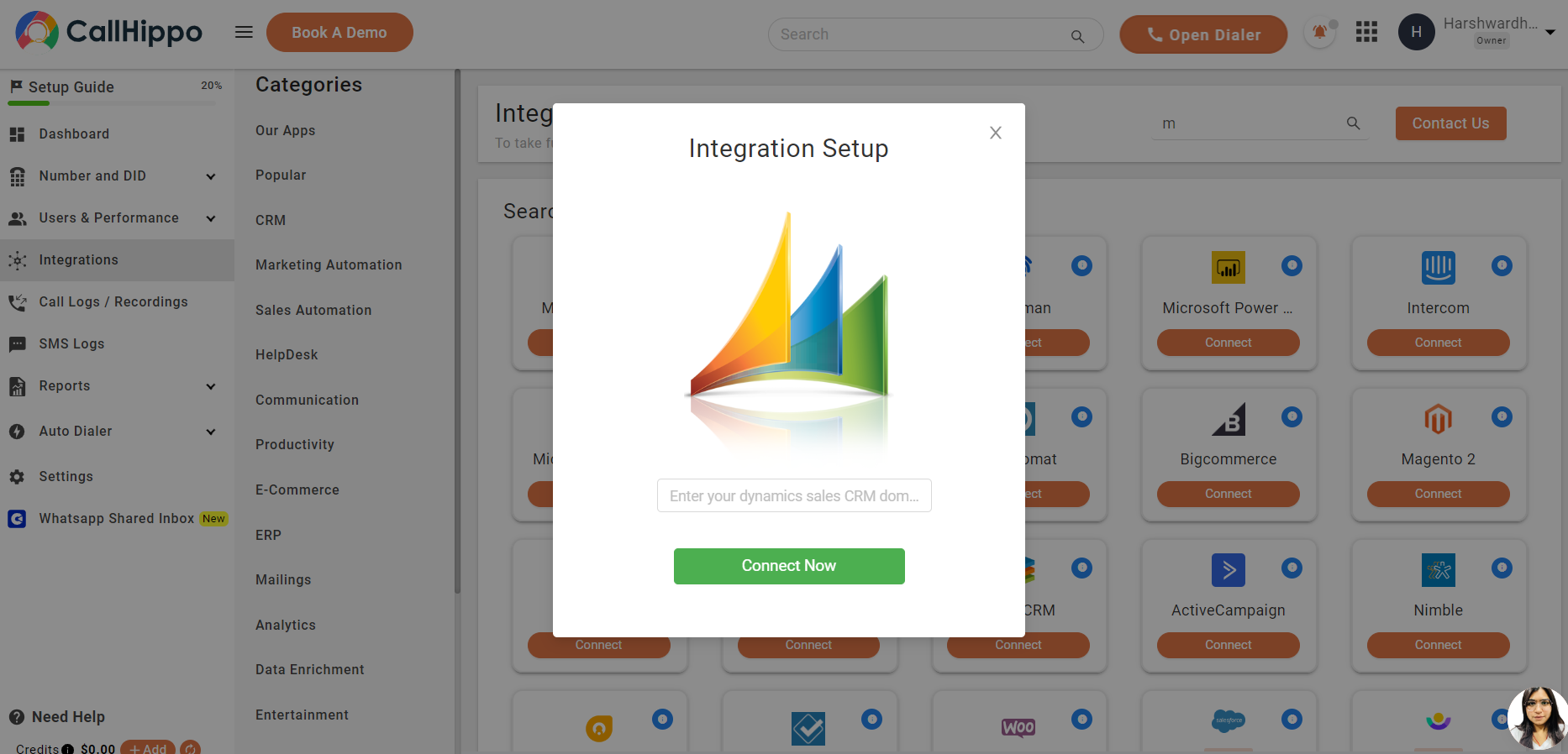 CallHippo Integration Setup modal to enter Microsoft Dynamics domain