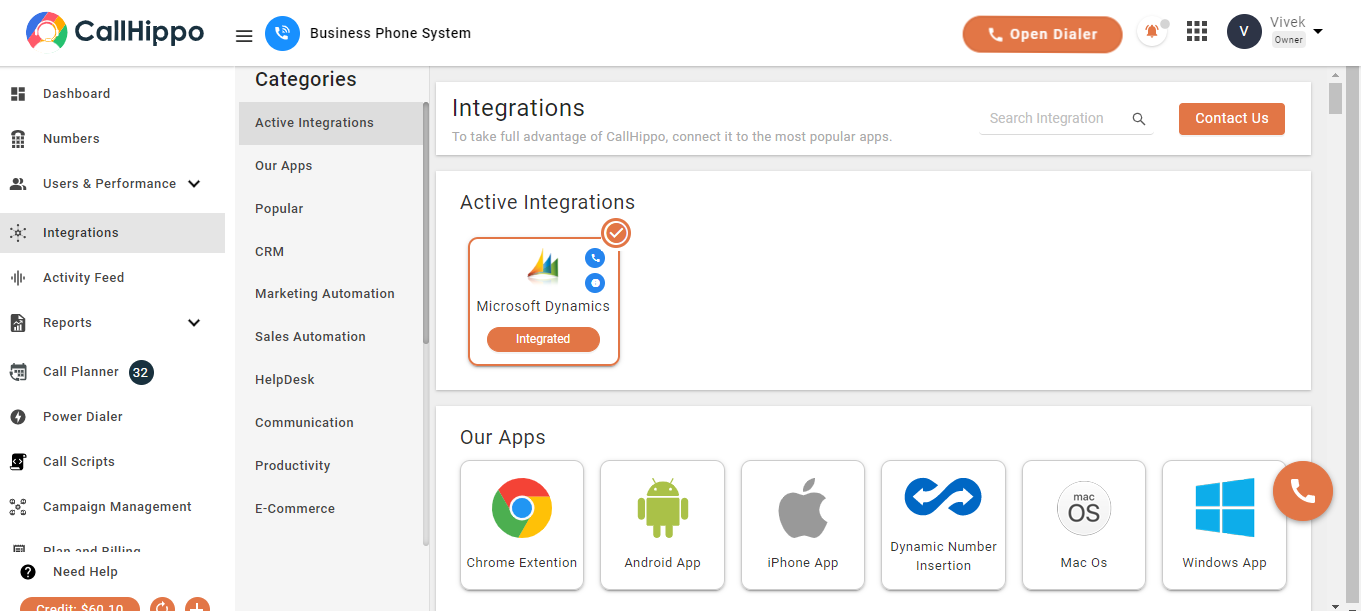 CallHippo Active Integrations showing Microsoft Dynamics integrated