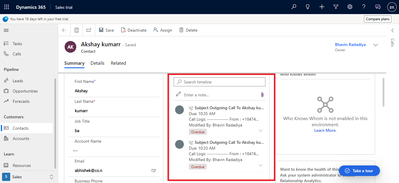 Microsoft Dynamics contact timeline showing synced CallHippo call activity