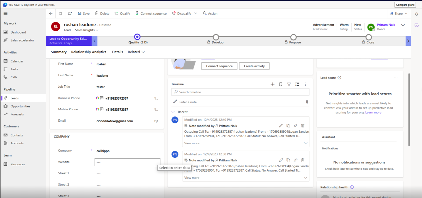 Single Microsoft Dynamics lead with click-to-call and call activity in timeline