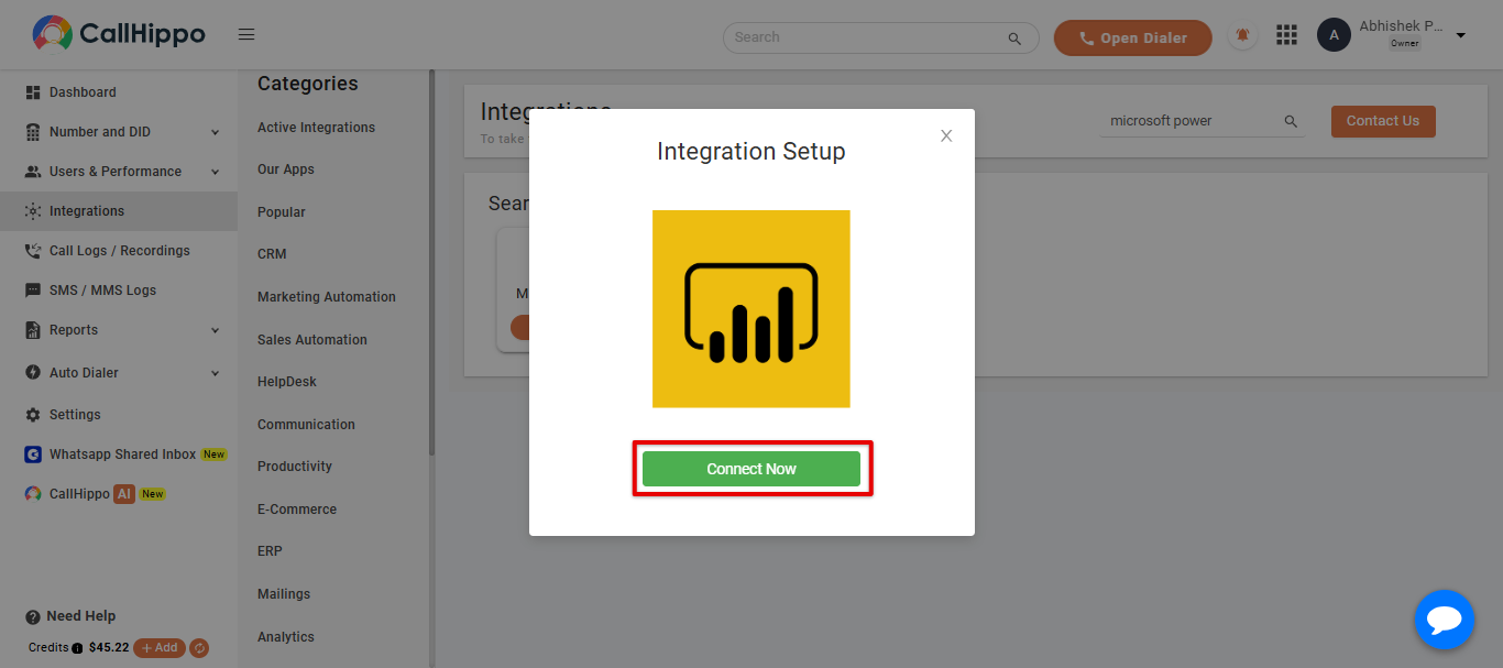 Microsoft Power BI Integration Setup popup with a Connect Now button