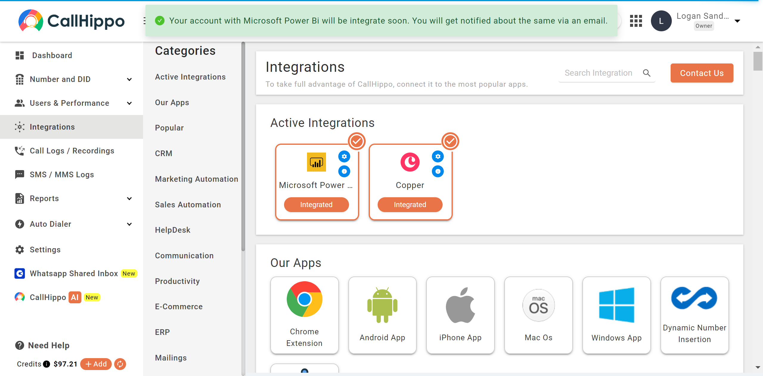 CallHippo showing a confirmation that Microsoft Power BI will be integrated soon