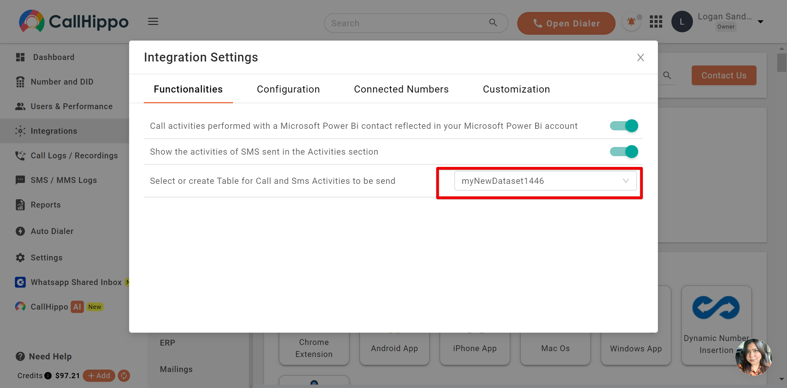 CallHippo Power BI Functionalities tab with an existing dataset selected in the dropdown