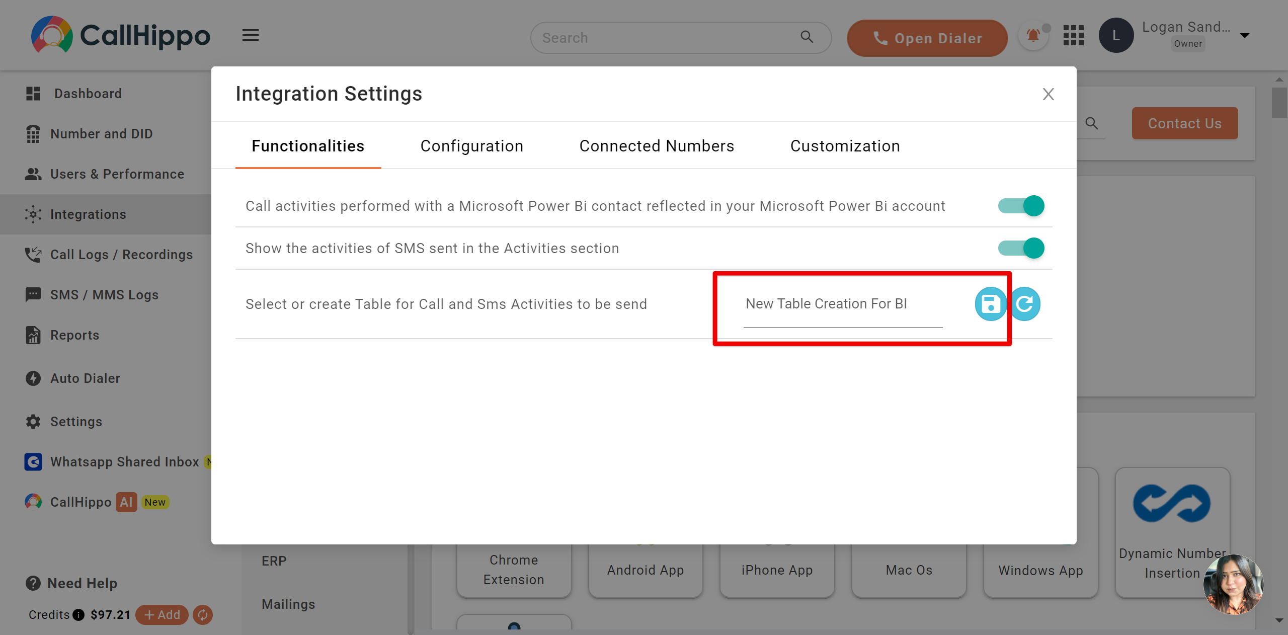 CallHippo Power BI Functionalities tab creating a new table for BI with a save option