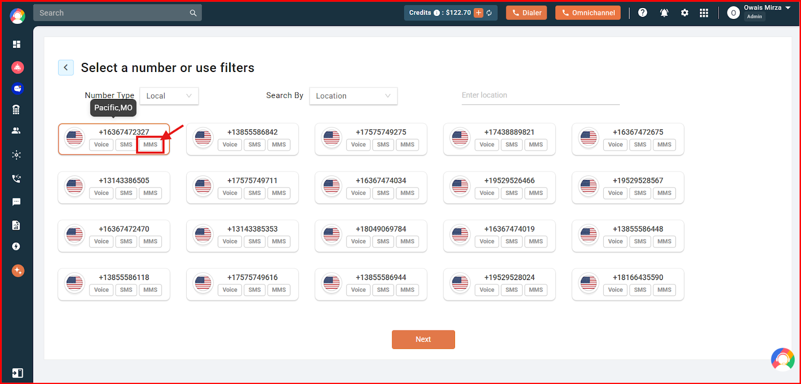 CallHippo number selection screen showing MMS capability badge on a phone number card
