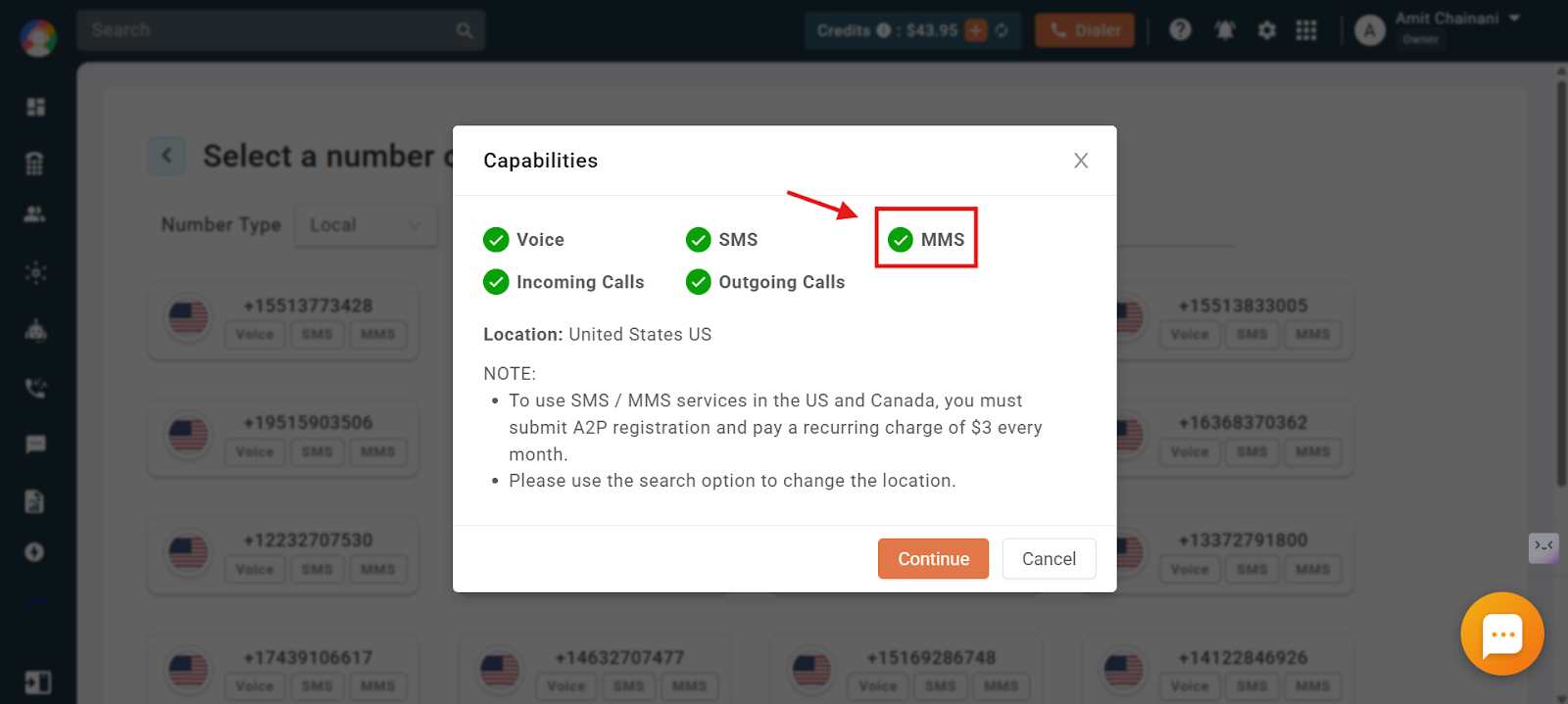 CallHippo capabilities popup showing Voice, SMS and MMS enabled for a US number
