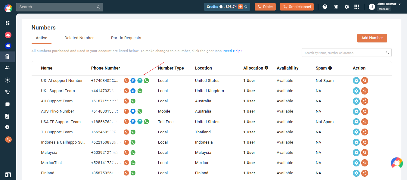 CallHippo active numbers list showing SMS and MMS capability icons for each number