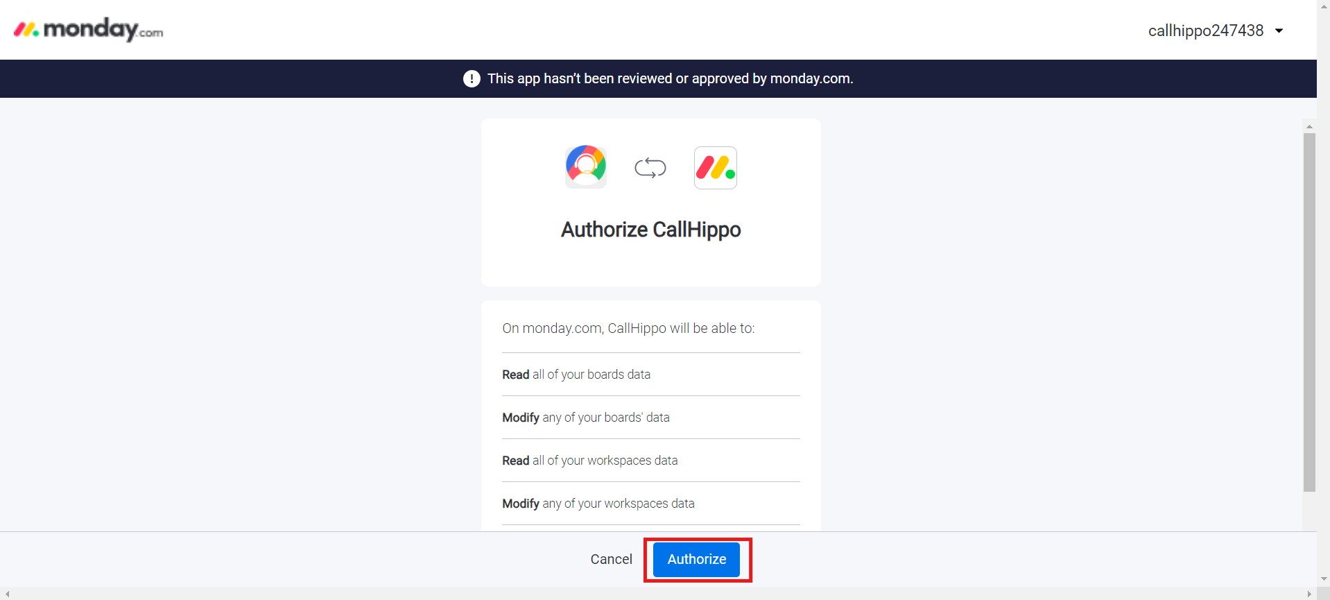 Authorize CallHippo permissions screen on Monday.com