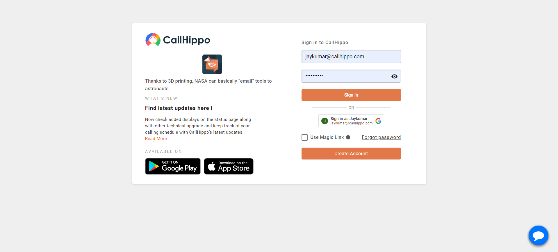 CallHippo sign-in page