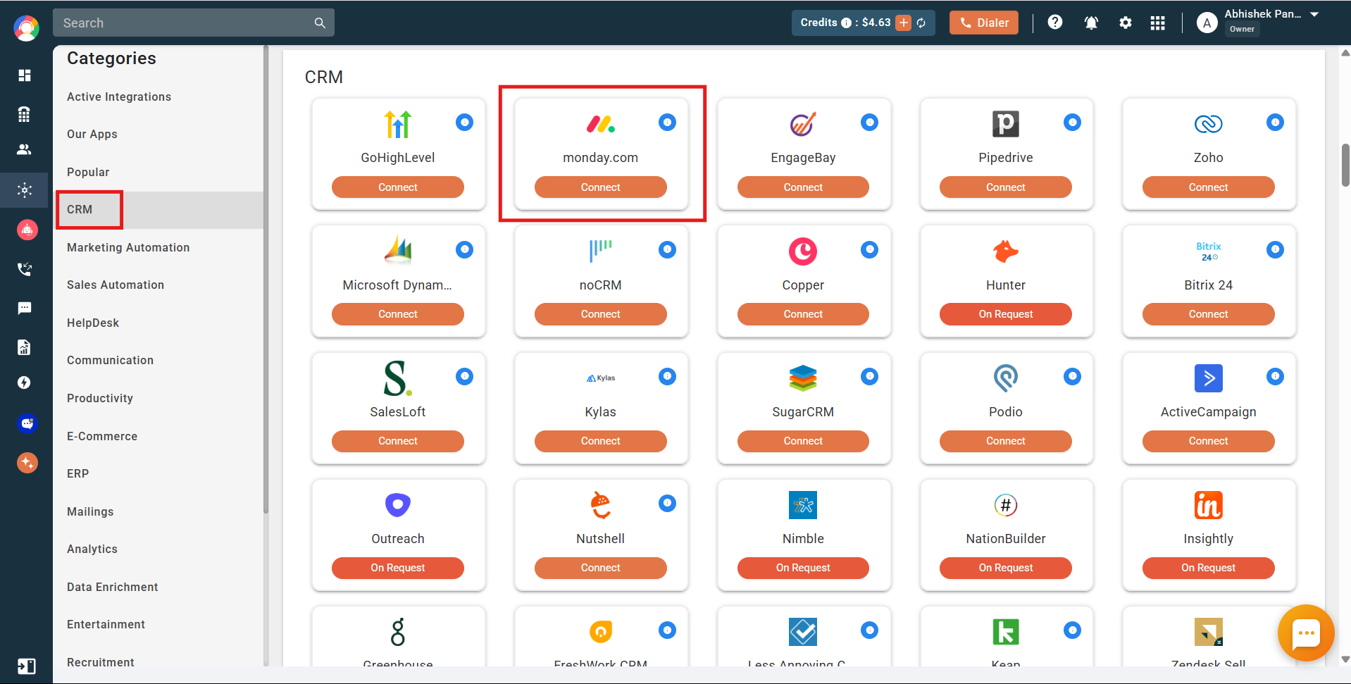 Monday.com integration card with Connect button in CallHippo