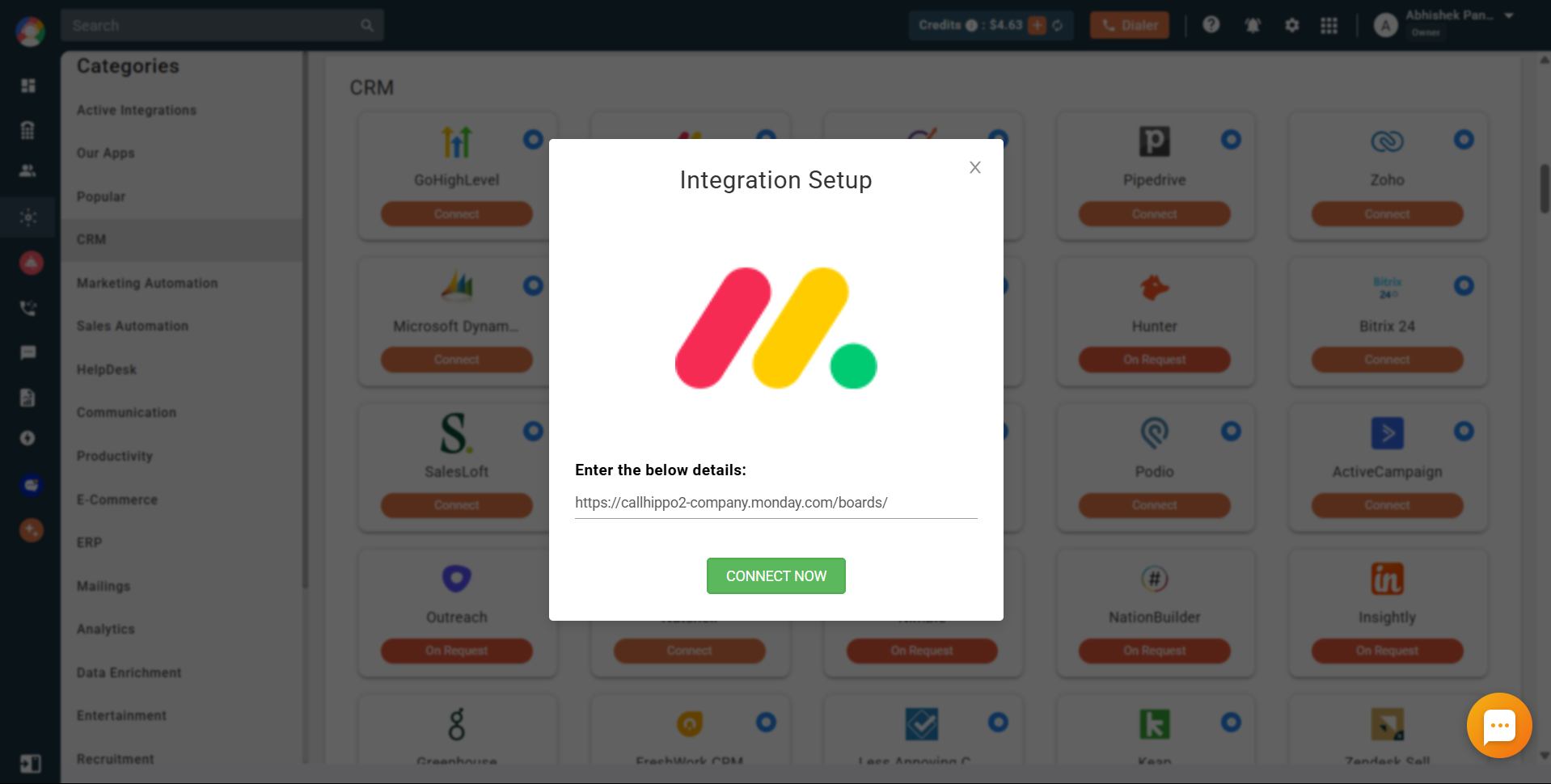 Integration Setup popup to enter Monday.com domain