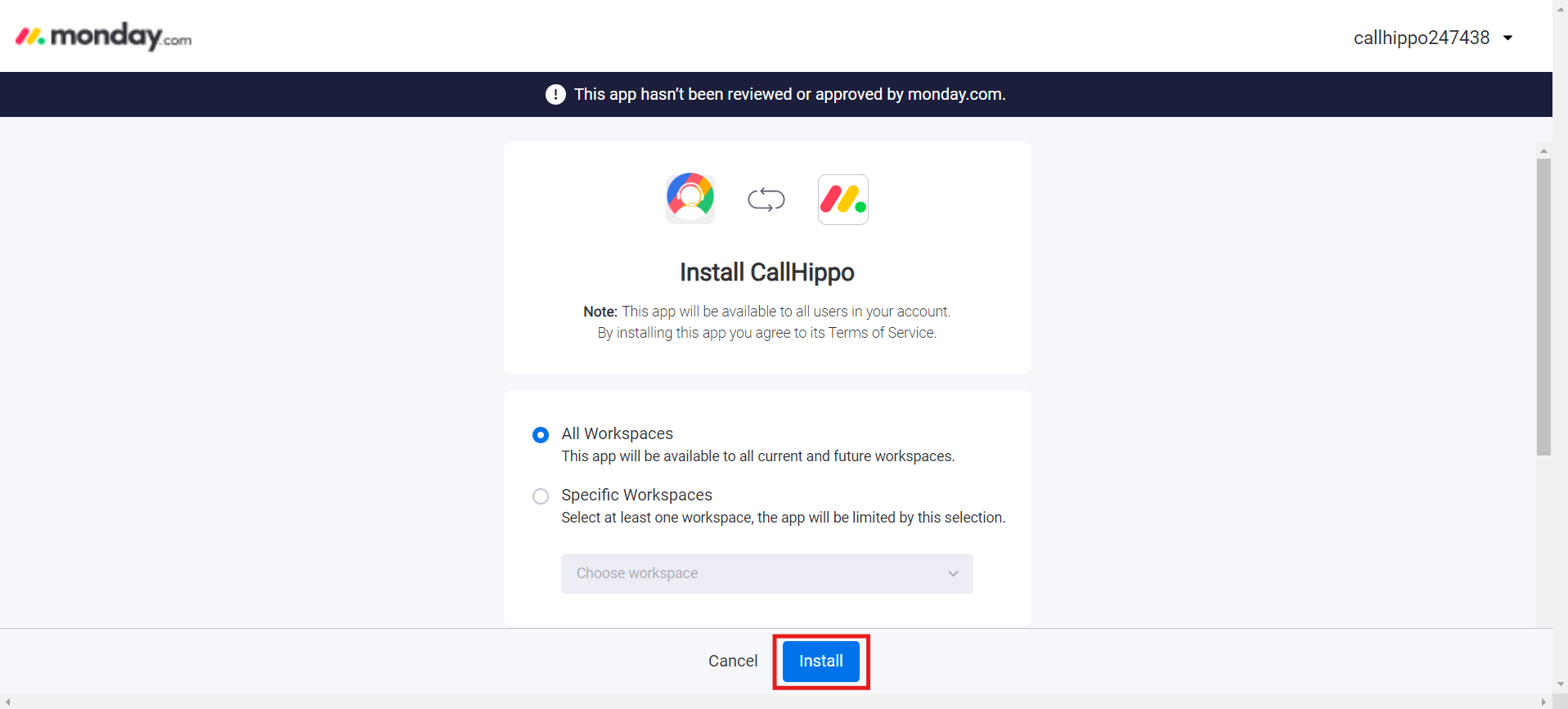 Install CallHippo dialog on Monday.com with workspace options