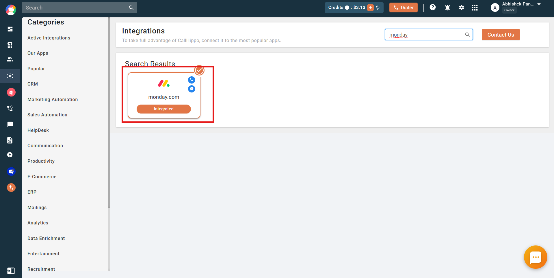 Monday.com integration showing Integrated status in CallHippo