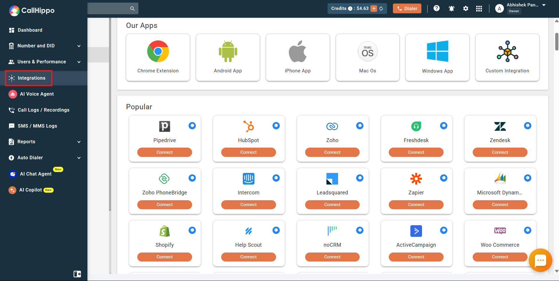 CallHippo dashboard with Integrations selected in the left menu