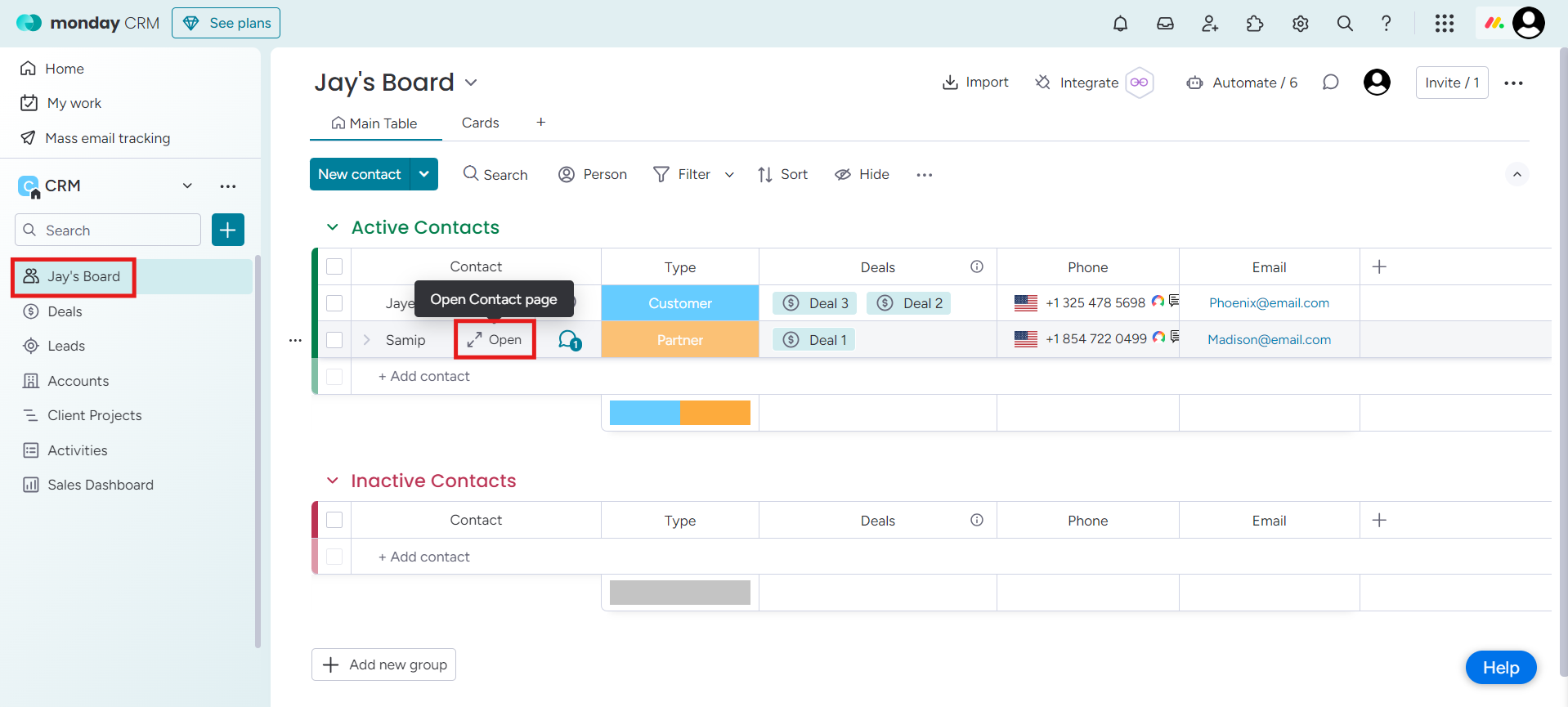 Monday.com board with the Open contact page option