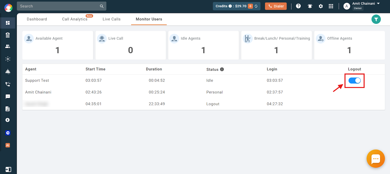 Logout toggle highlighted in the Monitor Users activity table