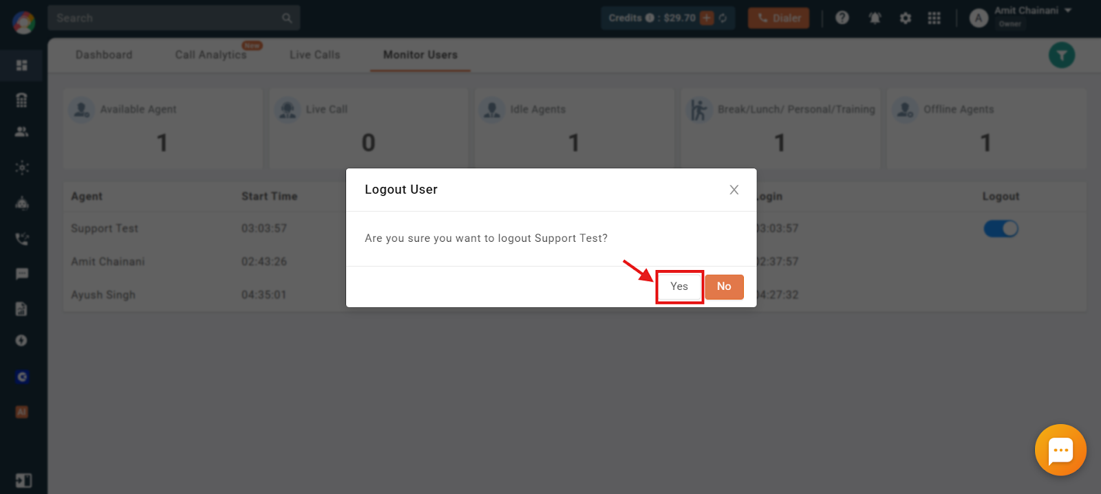 Logout User confirmation dialog with Yes button highlighted in CallHippo