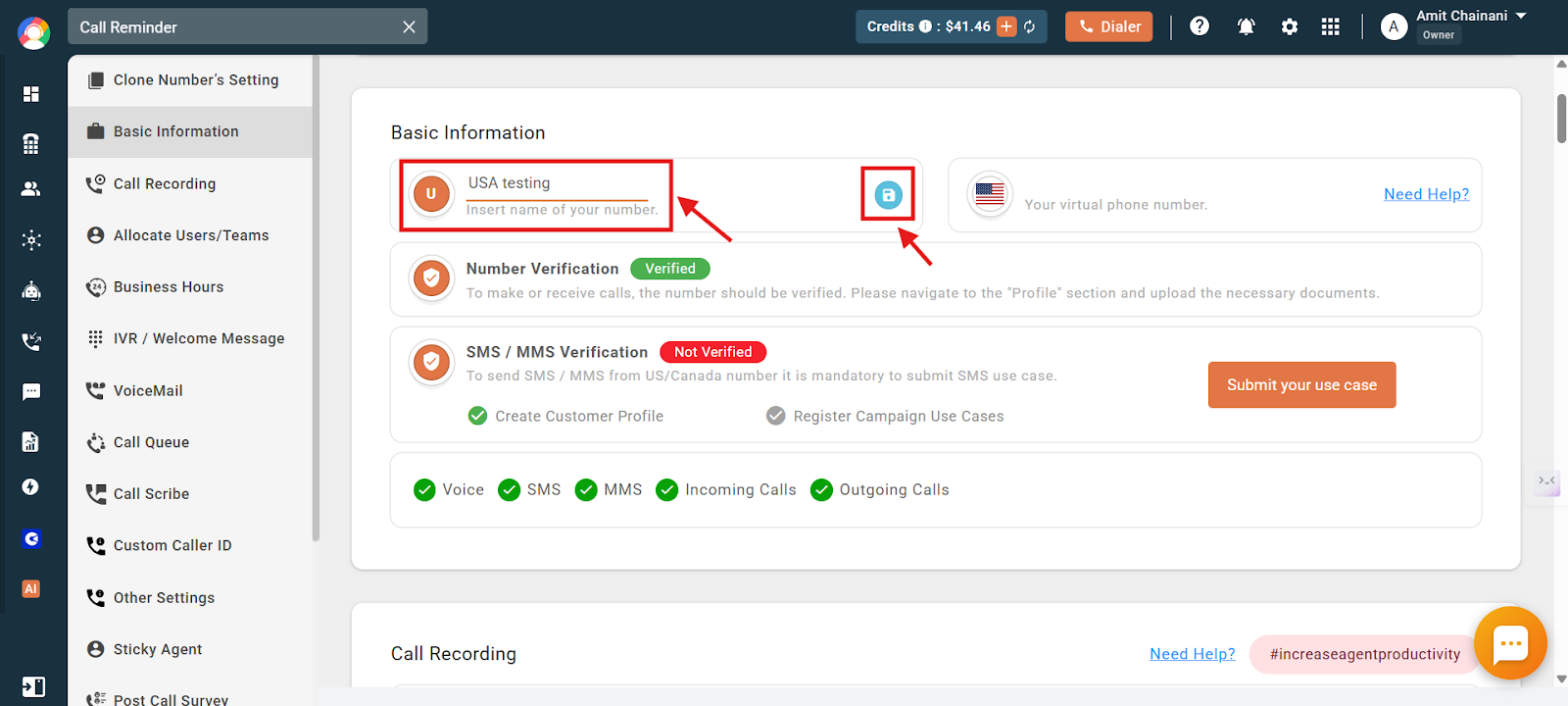 Editing a CallHippo number name field with the blue save icon highlighted