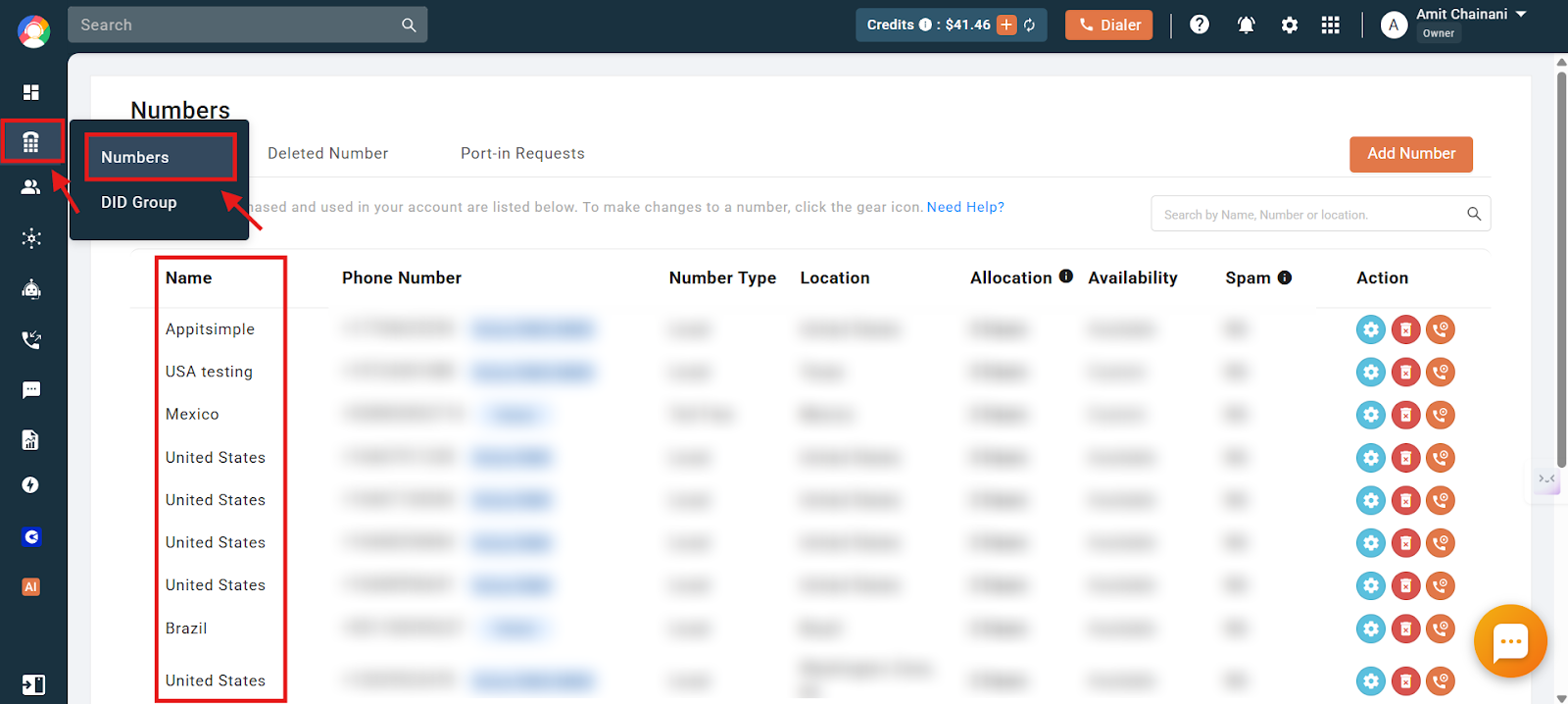 CallHippo Numbers section showing custom names such as Appitsimple, USA testing and Mexico in the Name column