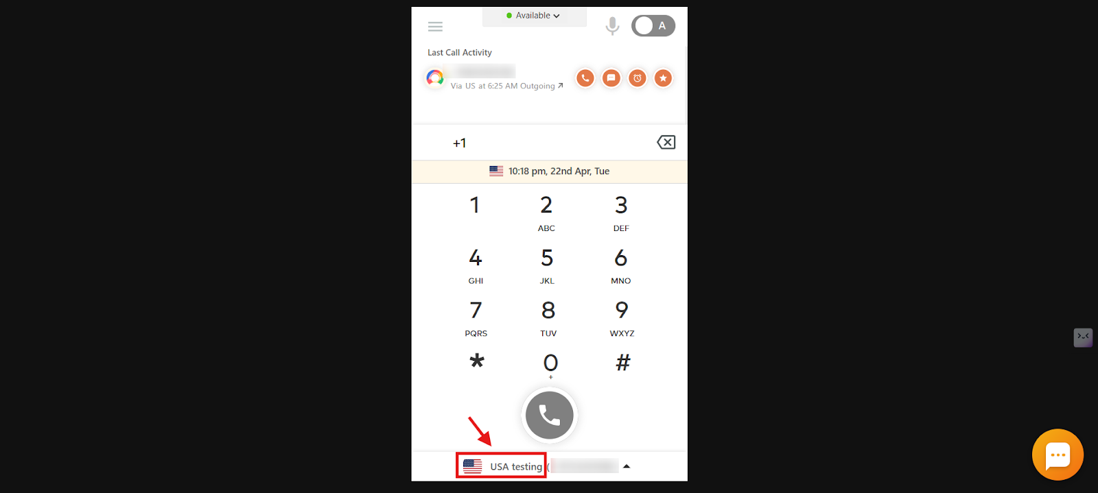 CallHippo dialer showing the selected outgoing number labelled USA testing at the bottom