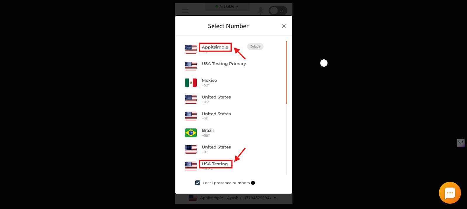 Select Number popup in the CallHippo dialer listing named numbers such as Appitsimple and USA Testing