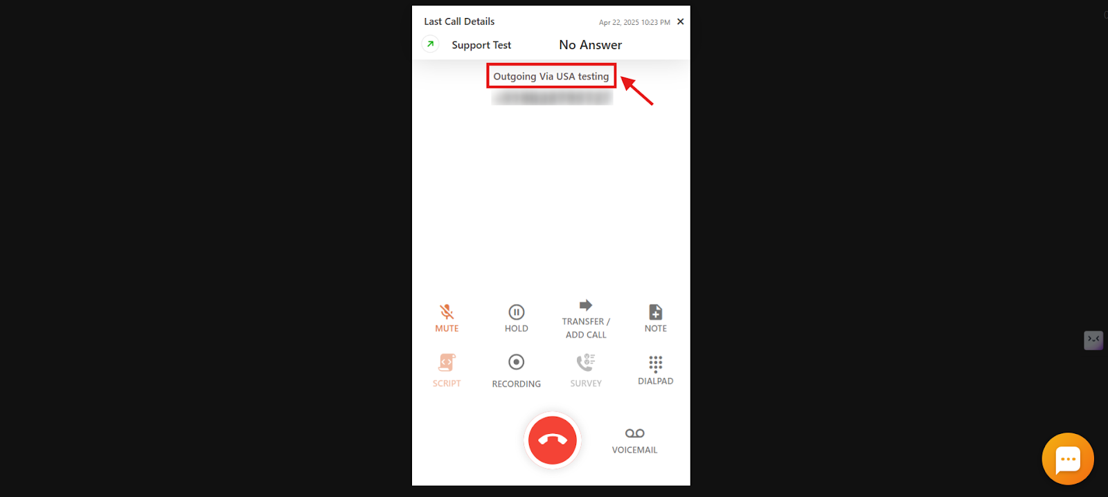 CallHippo dialer during an outgoing call showing Outgoing Via USA testing