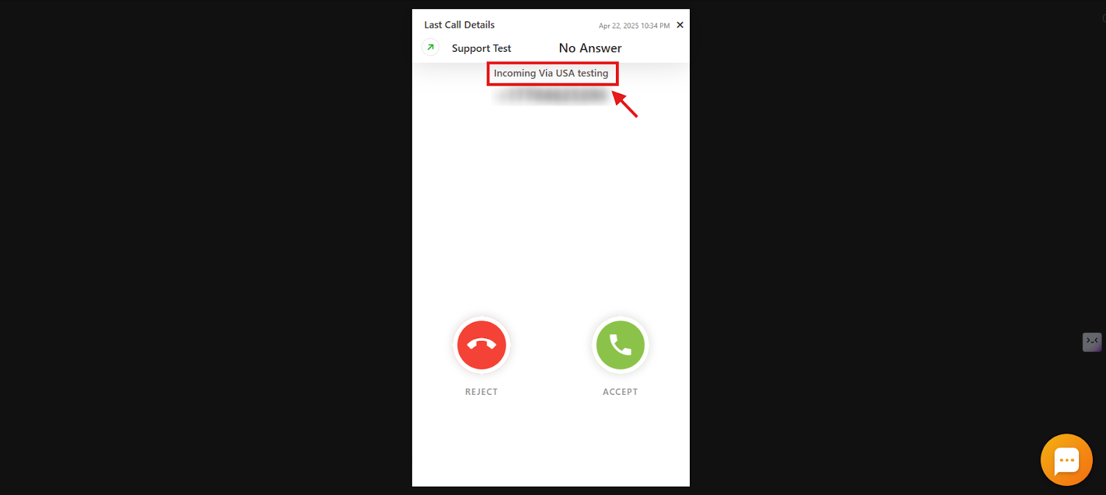 CallHippo dialer during an incoming call showing Incoming Via USA testing