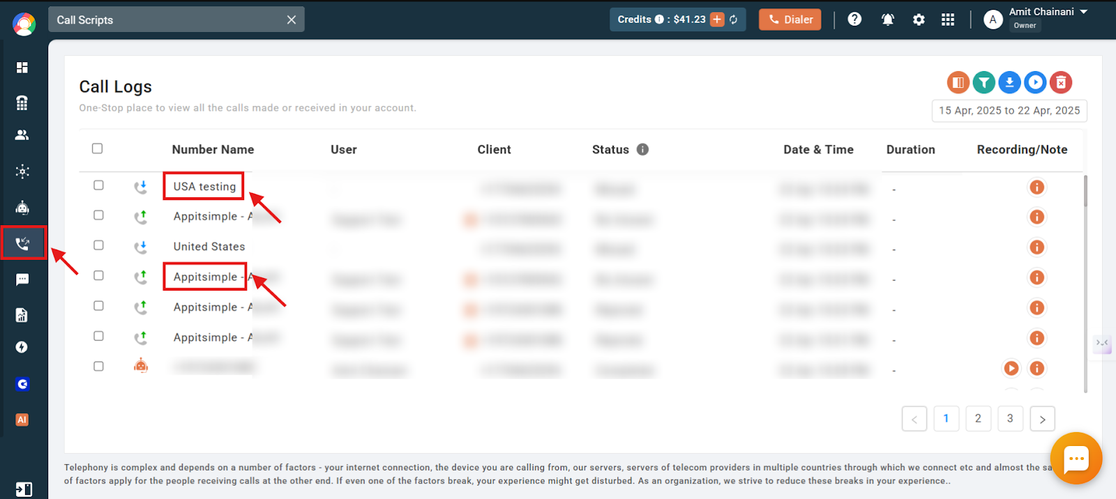 CallHippo Call Logs showing the Number Name column with names such as USA testing and Appitsimple