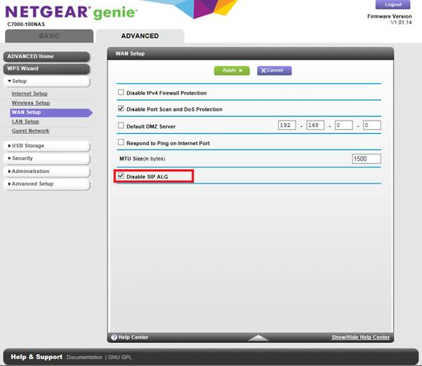 NETGEAR WAN Setup page with the Disable SIP ALG checkbox selected