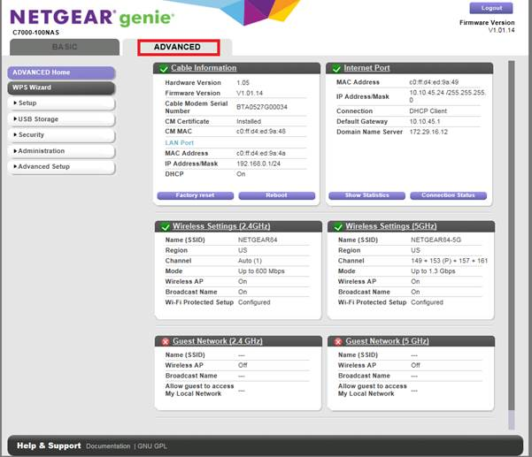 NETGEAR genie interface with the ADVANCED tab highlighted