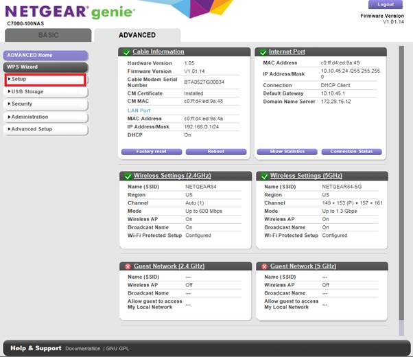 NETGEAR genie left menu with Setup highlighted
