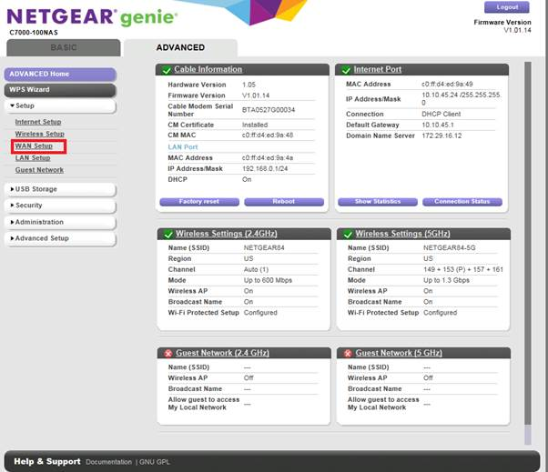 NETGEAR genie menu with WAN Setup highlighted