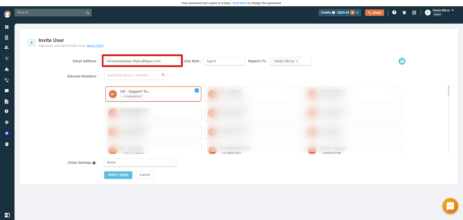 CallHippo Invite User screen with the agent email address highlighted