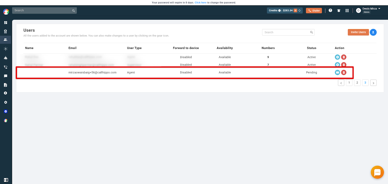 CallHippo Users list showing the new agent with a Pending status