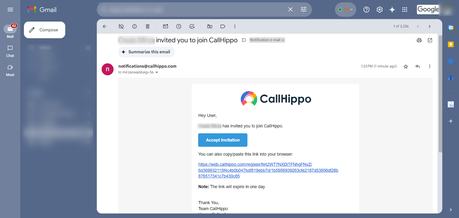 CallHippo invitation email with the Accept Invitation button and copy-paste link