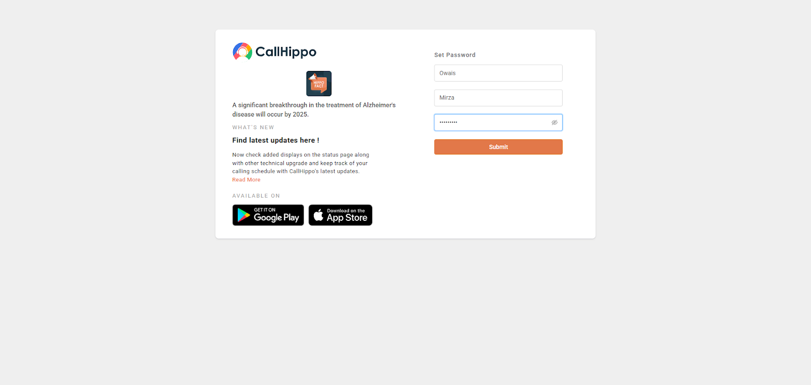 CallHippo Set Password screen with first name, last name, password fields and Submit button