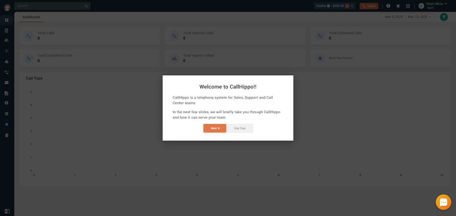 CallHippo dashboard with the Welcome to CallHippo product tour popup