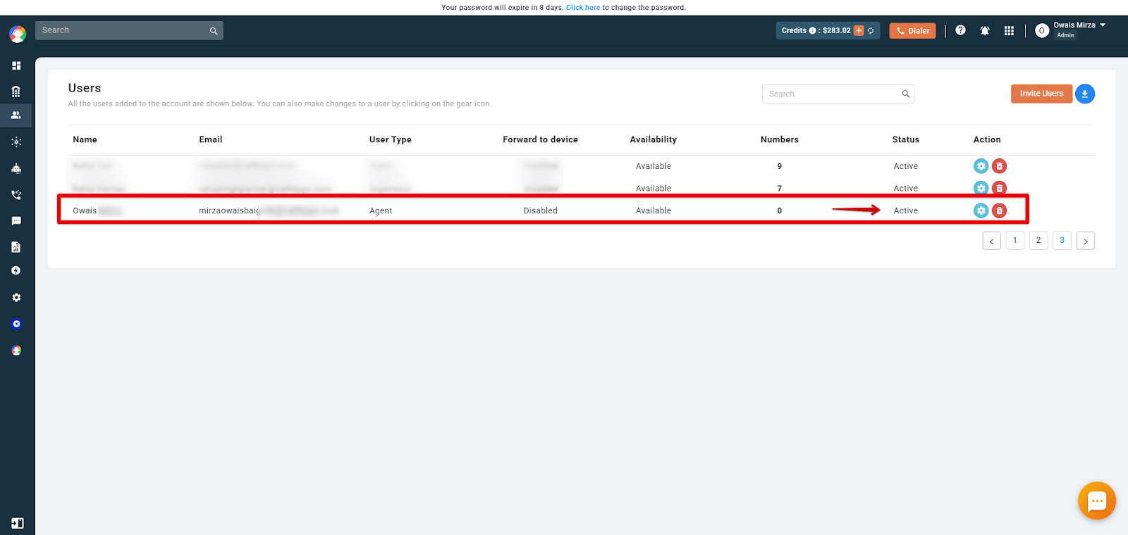 CallHippo Users list showing the agent status changed to Active