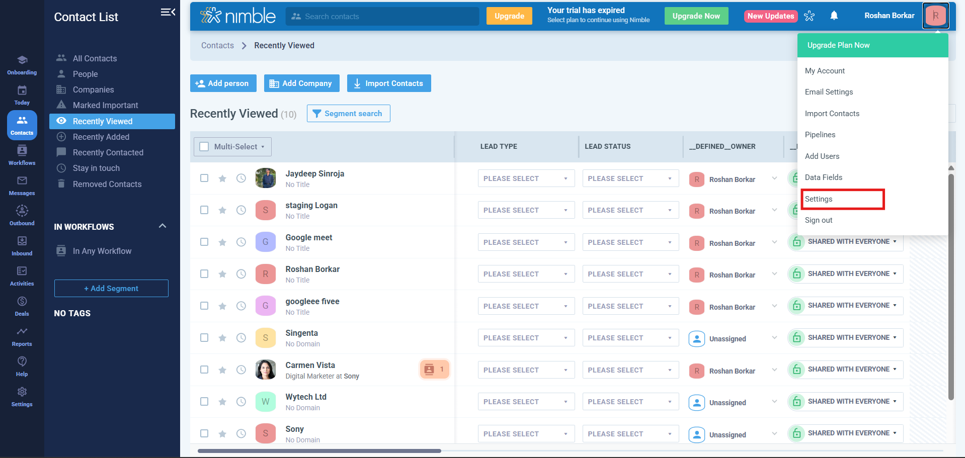 Nimble contact list with profile dropdown and Settings option highlighted