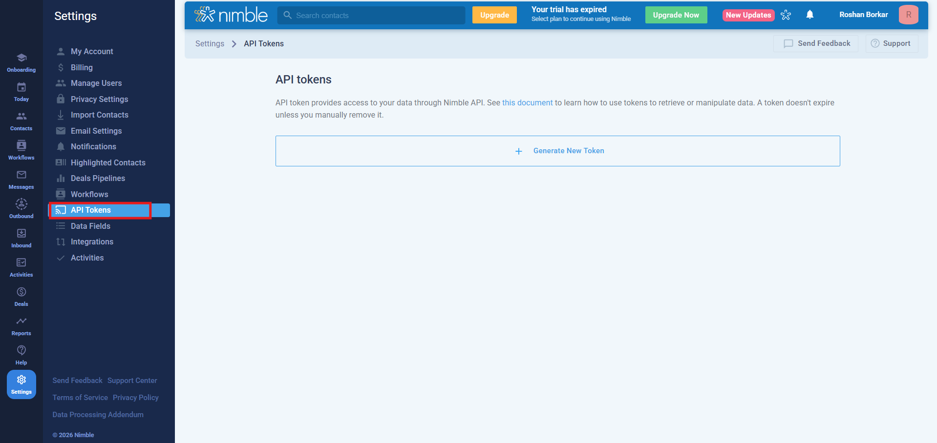 Nimble Settings API Tokens page with Generate New Token button