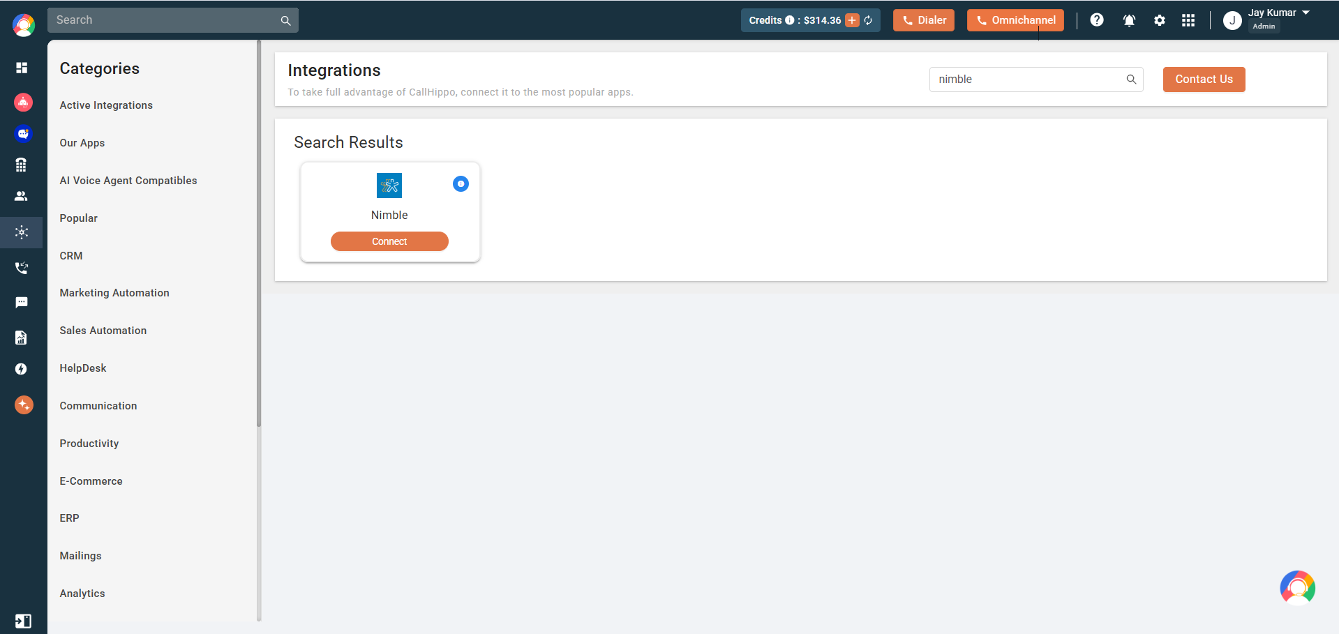 CallHippo Integrations page with Nimble search result and Connect button